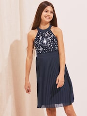Lipsy Navy Pleated Halter Occasion Dress - Image 1 of 4