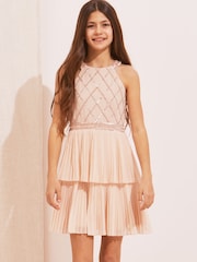 Lipsy Pink Pleated Tiered Occasion Dress - Image 1 of 4