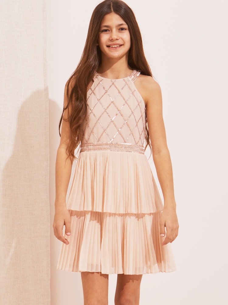 Lipsy Pink Pleated Tiered Occasion Dress - Image 1 of 4
