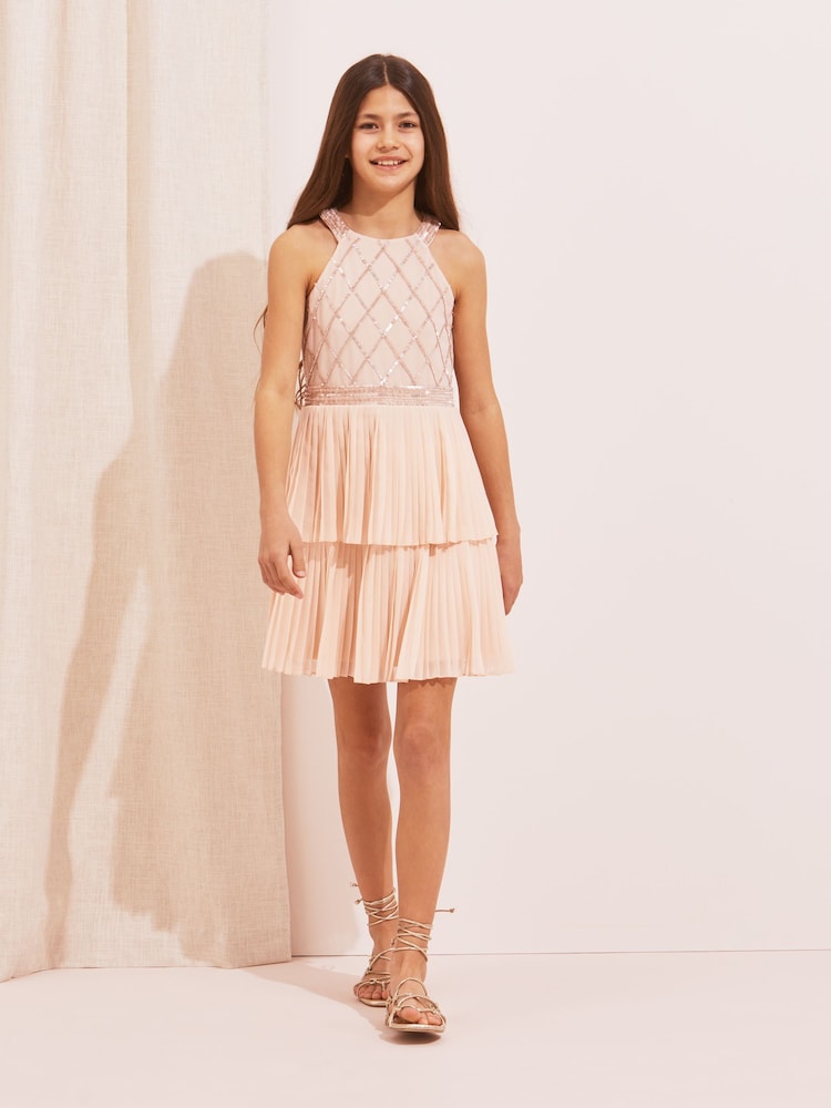 Lipsy Pink Pleated Tiered Occasion Dress - Image 2 of 4