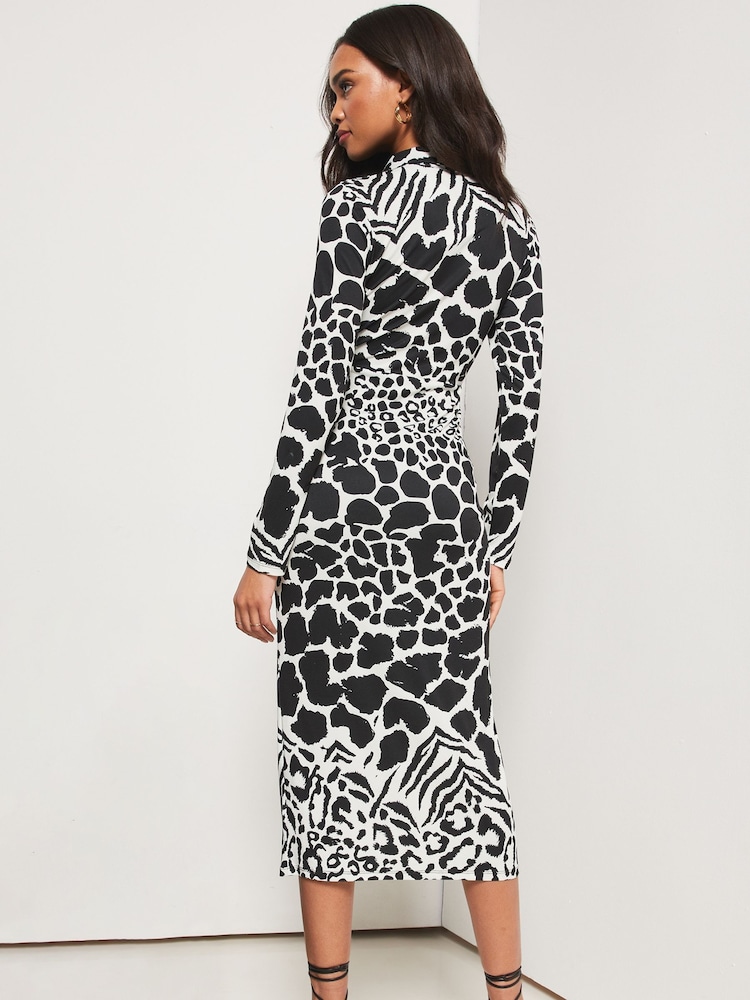 Lipsy Mono Animal Petite Jersey Long Sleeve Knot Front Shirt Dress - Image 2 of 4