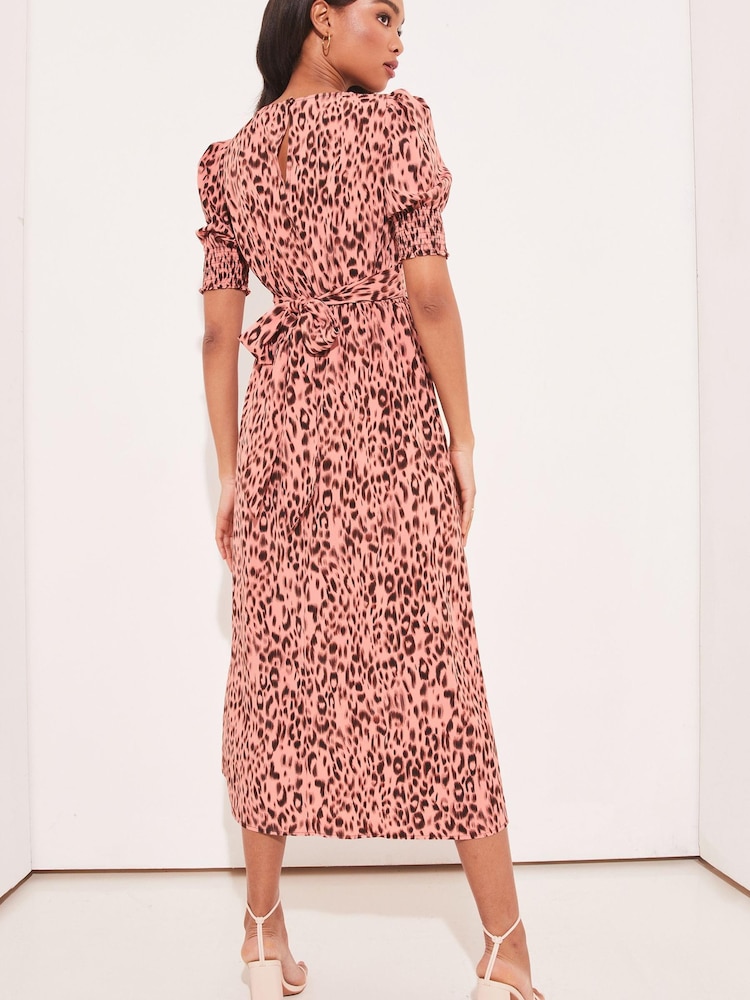 Lipsy Pink Animal Shirred Puff Sleeve V Neck Split Midi Dress - Image 2 of 4 Lipsy Pink Animal Shirred Puff Sleeve V Neck Split Midi Dress - Image 2 of 4