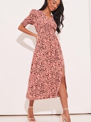 Lipsy Pink Animal Shirred Puff Sleeve V Neck Split Midi Dress - Image 3 of 4