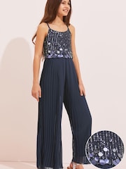 Lipsy Navy Embellished Pleated Occasion Jumpsuit - Image 1 of 3