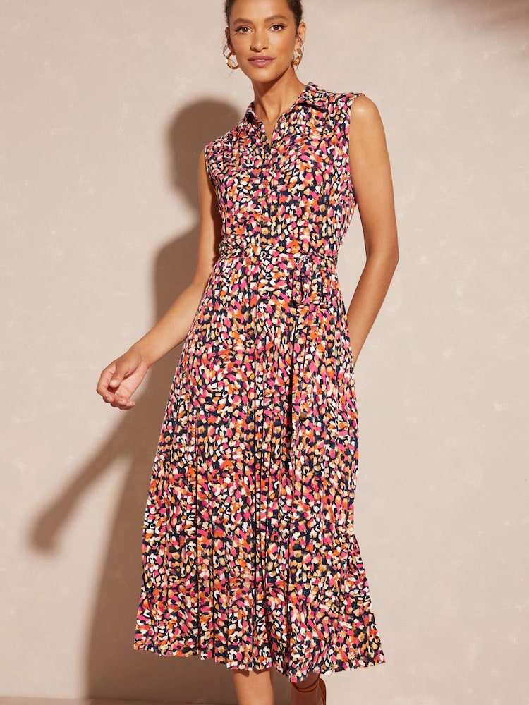 Love & Roses Orange Jersey Sleeveless Belted Midi Shirt Dress - Image 1 of 4