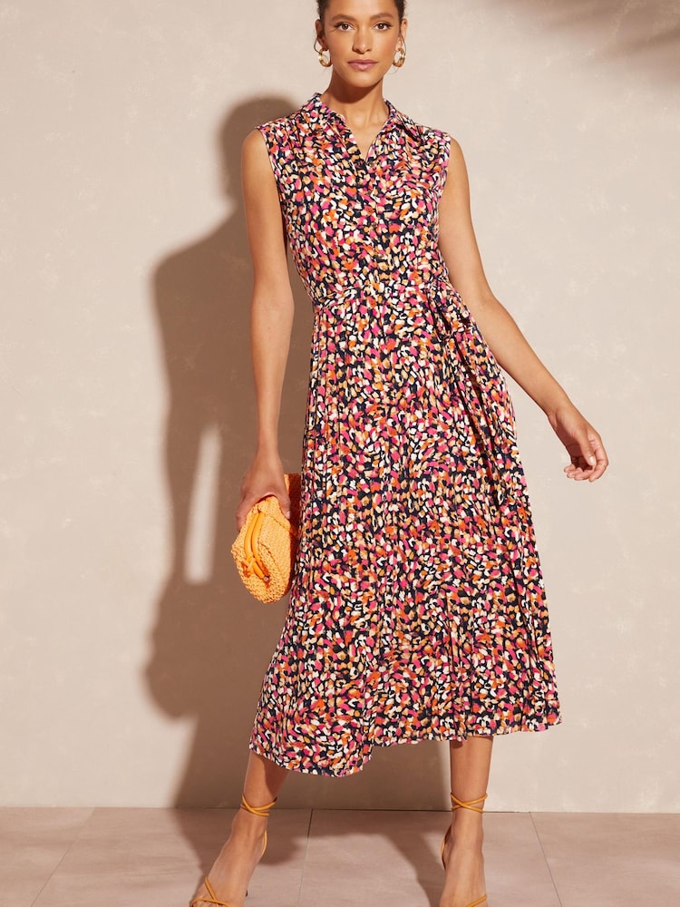 Love & Roses Orange Jersey Sleeveless Belted Midi Shirt Dress - Image 4 of 4
