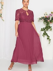 Yours Curve Red London Occasion Lace Puff Sleeve Pleat Maxi Dress - Image 1 of 4