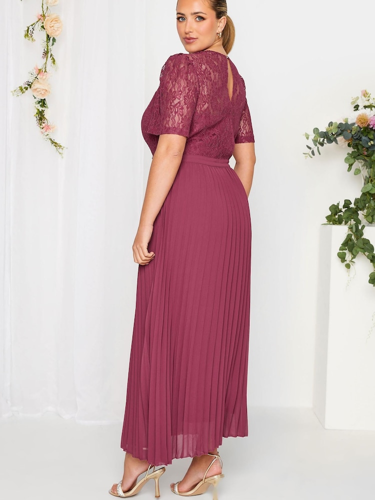 Yours Curve Red London Occasion Lace Puff Sleeve Pleat Maxi Dress - Image 2 of 4