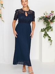 Yours Curve Blue London Occasion Lace Puff Sleeve Pleat Maxi Dress - Image 1 of 4