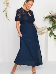 Yours Curve Blue London Occasion Lace Puff Sleeve Pleat Maxi Dress - Image 3 of 4
