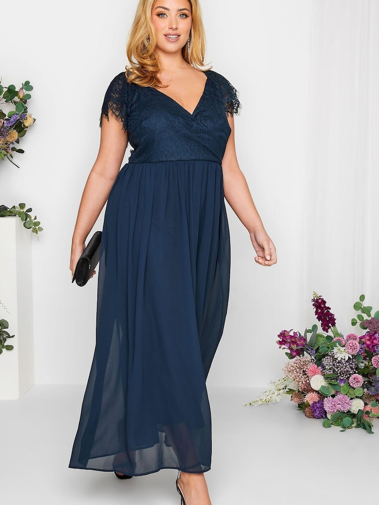 Yours Curve Blue London Occasion Lace Wrap Maxi Dress - Image 1 of 4