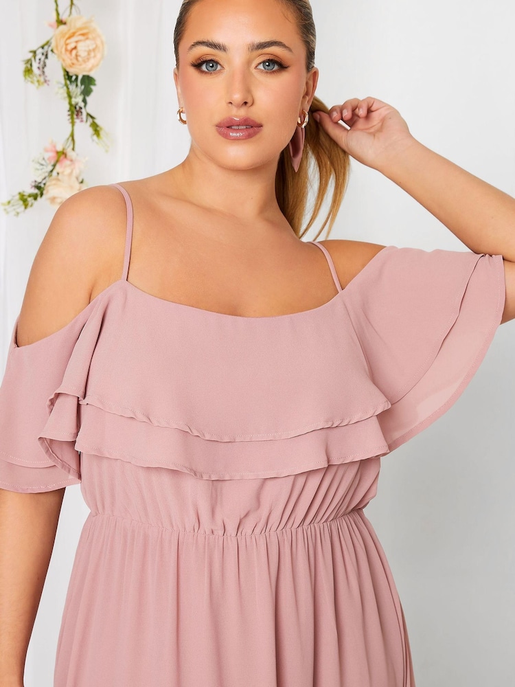 Yours Curve Pink London Occasion Ruffle Cold Shoudler Maxi Dress - Image 4 of 5