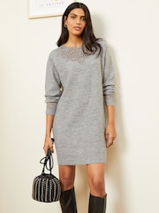 Love & Roses Grey Crochet Mix Long Sleeve Jumper Dress - Image 1 of 4