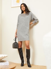 Love & Roses Grey Crochet Mix Long Sleeve Jumper Dress - Image 4 of 4