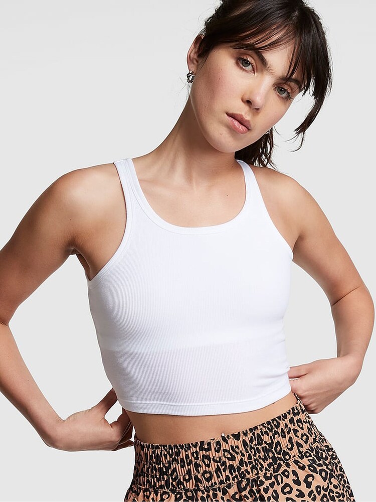 Victoria's Secret PINK White Crop Ribbed Tank Top - Image 1 of 3
