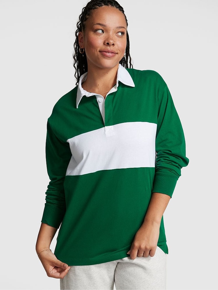 Victoria's Secret PINK Garnet Green Long Sleeve Rugby T-Shirt - Image 1 of 3
