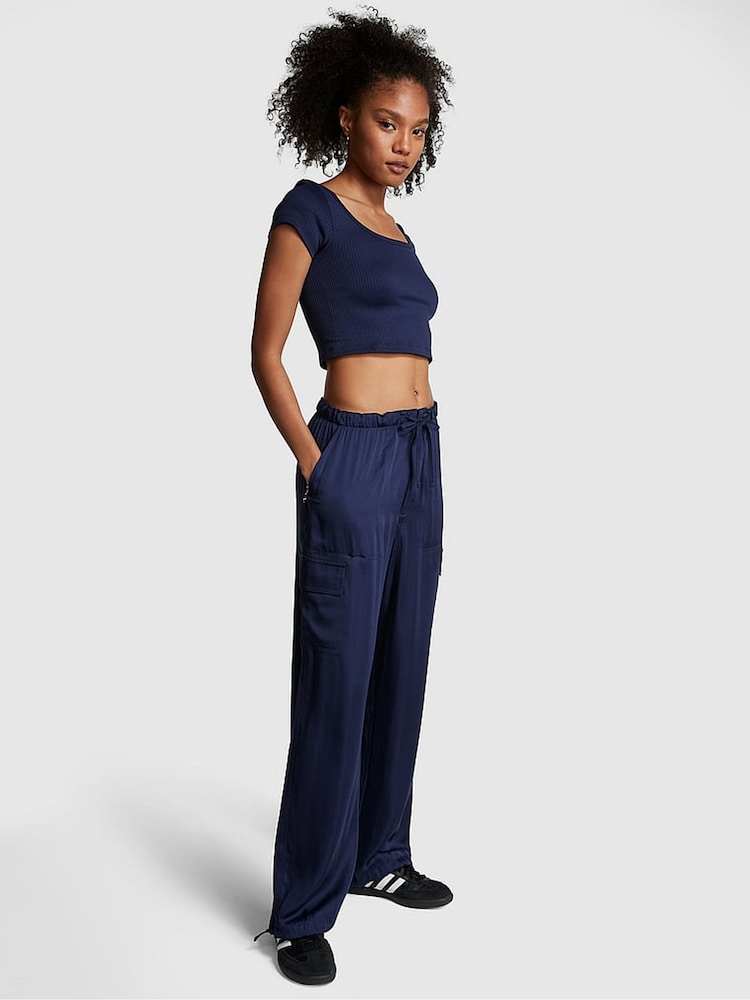 Victoria's Secret PINK Midnight Navy Blue Satin Parachute Trousers - Image 1 of 3 Victoria's Secret PINK Midnight Navy Blue Satin Parachute Trousers - Image 1 of 3