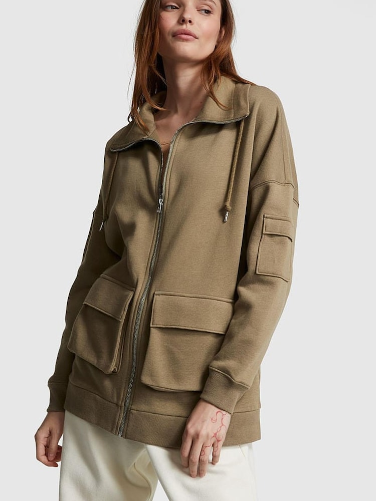 Victoria's Secret PINK Dusted Olive Green Oversized Cargo Pocket Full Zip Jacket - Image 1 of 3