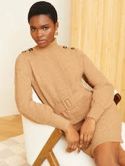 Love & Roses Camel Cable Knit Button Shoulder Belted Knitted Mini Dress - Image 1 of 4