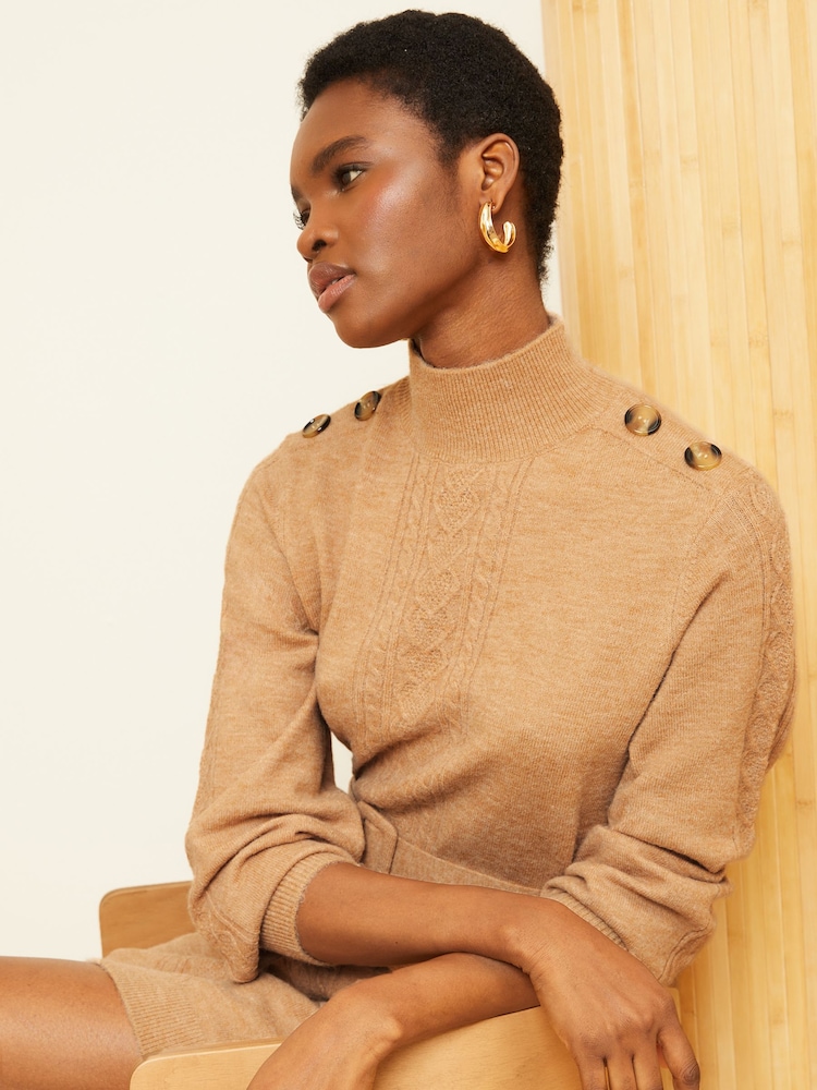 Love & Roses Camel Cable Knit Button Shoulder Belted Knitted Mini Dress - Image 2 of 4