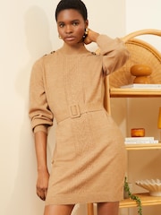 Love & Roses Camel Cable Knit Button Shoulder Belted Knitted Mini Dress - Image 4 of 4