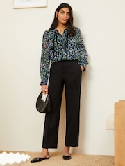 Love & Roses Black Floral Tie Neck Trim Long Sleeve Blouse - Image 4 of 4