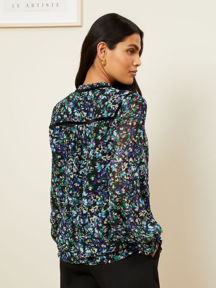 Love & Roses Black Floral Petite Tie Neck Trim Long Sleeve Blouse - Image 2 of 4