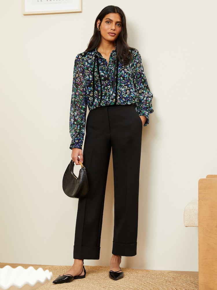 Love & Roses Black Floral Petite Tie Neck Trim Long Sleeve Blouse - Image 4 of 4