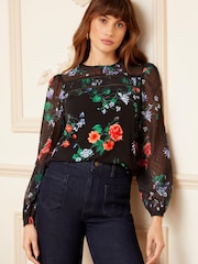 Love & Roses Black Floral Petite Long Sleeve Dobby Mix Jersey Blouse - Image 1 of 4