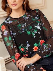 Love & Roses Black Floral Petite Long Sleeve Dobby Mix Jersey Blouse - Image 2 of 4