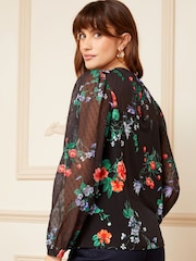 Love & Roses Black Floral Petite Long Sleeve Dobby Mix Jersey Blouse - Image 3 of 4