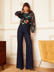Love & Roses Black Floral Petite Long Sleeve Dobby Mix Jersey Blouse - Image 4 of 4