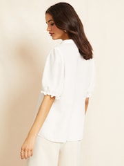 Friends Like These White Short Puff Sleeve V Neck Button Through Blouse - Image 3 of 4
