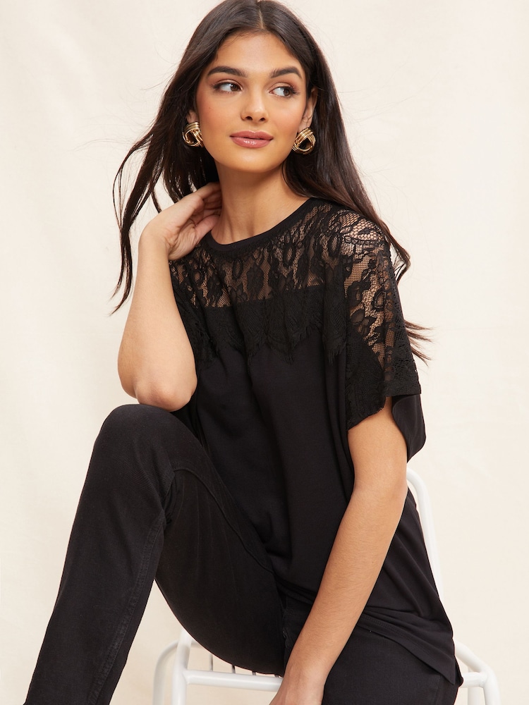 Friends Like These Black Lace Short Sleeve V Neck Tunic Top - Image 1 of 4 Friends Like These Black Lace Short Sleeve V Neck Tunic Top - Image 1 of 4