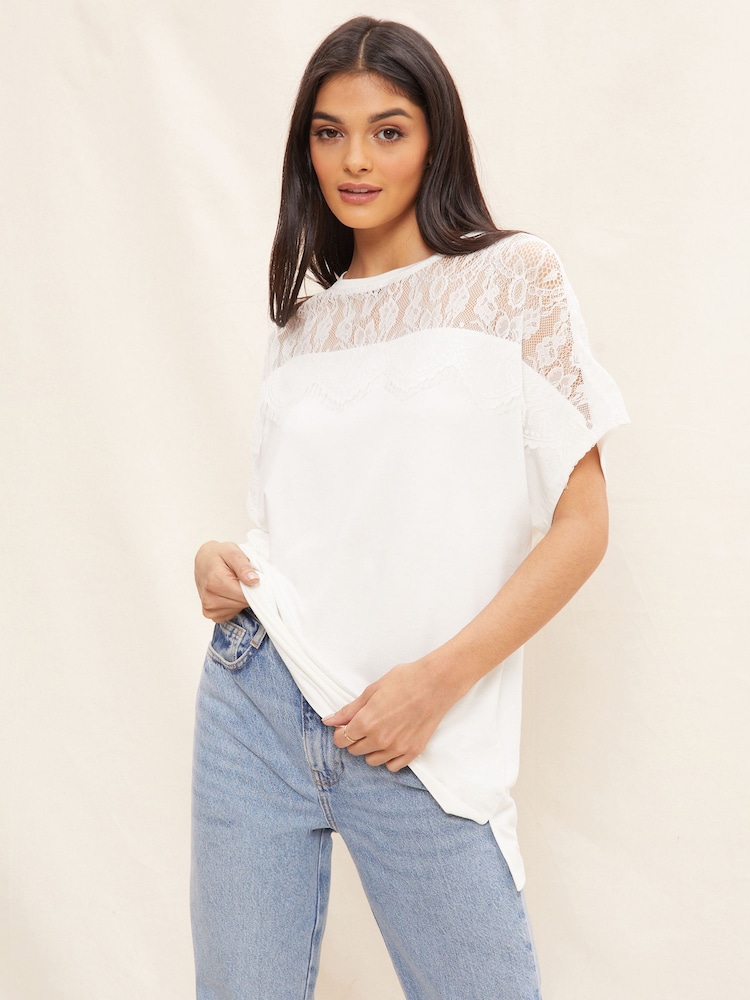 Friends Like These White Lace Short Sleeve V Neck Tunic Top - Image 1 of 4 Friends Like These White Lace Short Sleeve V Neck Tunic Top - Image 1 of 4