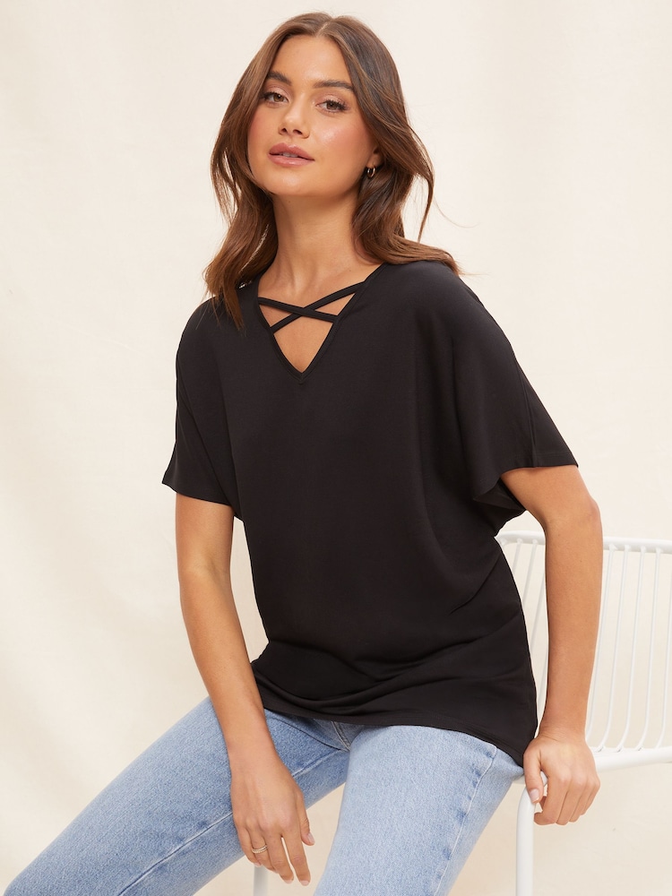 Friends Like These Black Criss Cross Short Sleeve V Neck Tunic Top - Image 1 of 4