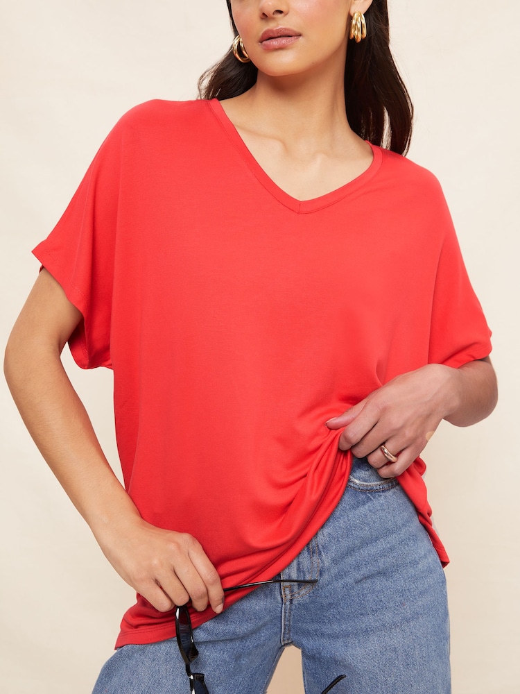 Friends Like These Red Short Sleeve V Neck Tunic Top - Image 1 of 4 Friends Like These Red Short Sleeve V Neck Tunic Top - Image 1 of 4