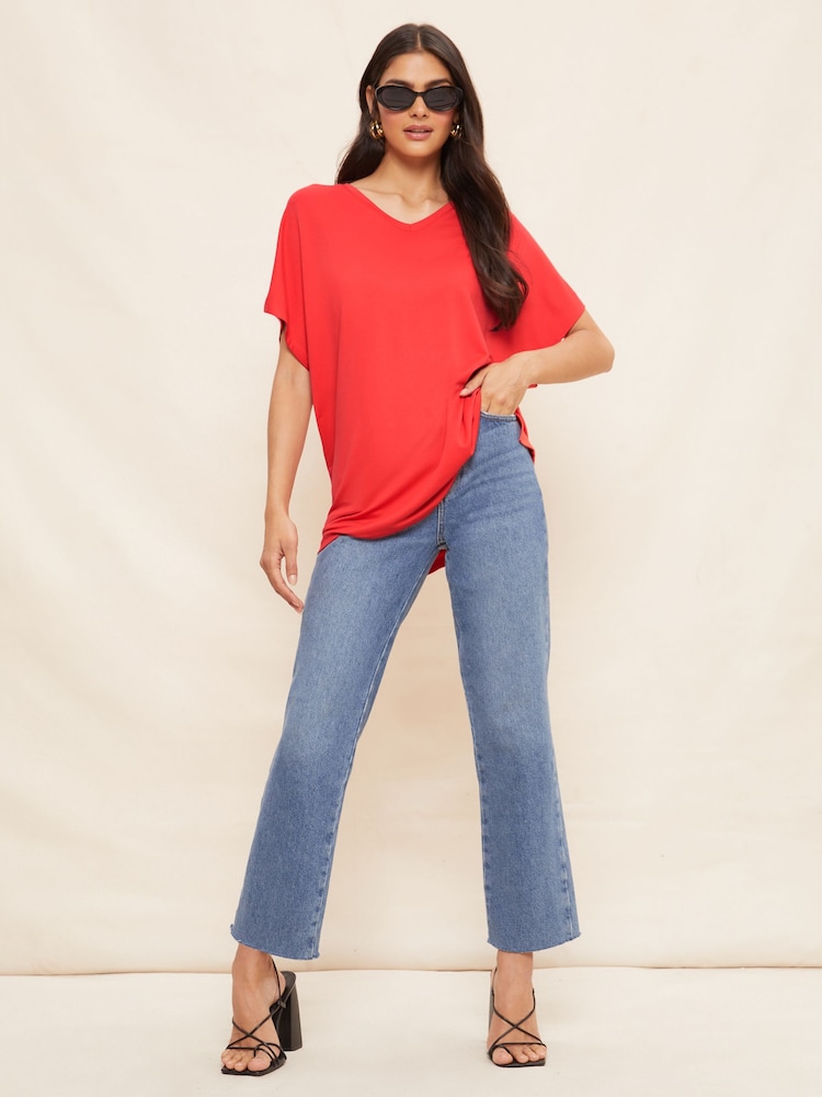 Friends Like These Red Short Sleeve V Neck Tunic Top - Image 2 of 4 Friends Like These Red Short Sleeve V Neck Tunic Top - Image 2 of 4