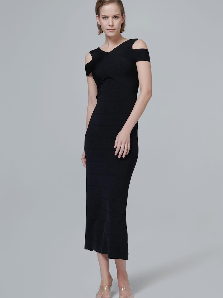 leem Black Open-Shoulder Knitted Midi Dress - Image 1 of 6