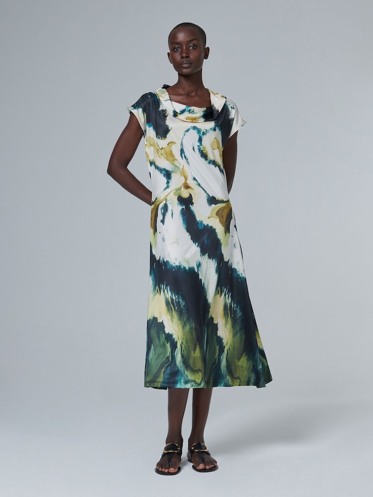 leem Green Water Marble Print Cowl Neck Midi Dress - Image 1 of 5