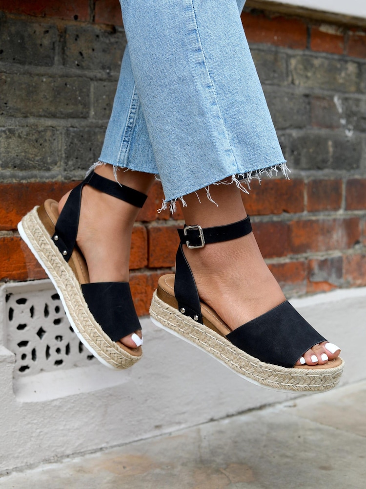 Schwarz - Linzi Luna Zweiteilige Sandalen aus Nubukleder mit Plateau-Keilabsatz im Espadrille-Stil - Bild 2 von 5