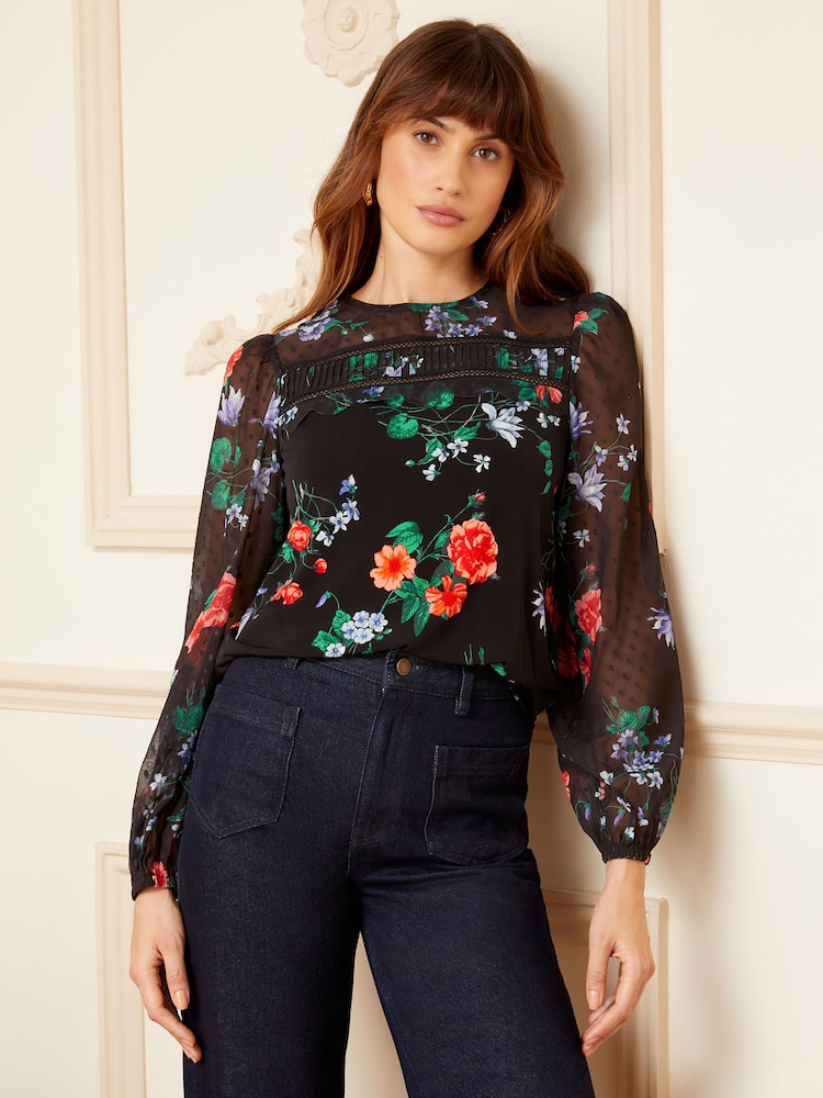 Love & Roses Black Floral Long Sleeve Dobby Mix Jersey Blouse - Image 1 of 4