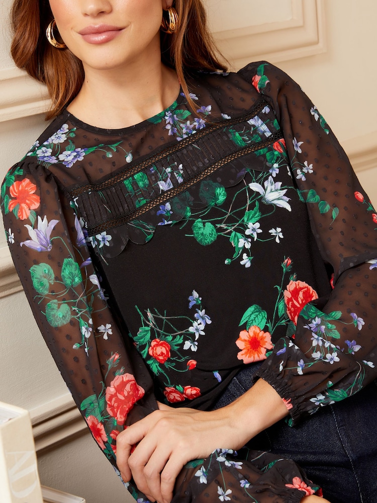 Love & Roses Black Floral Long Sleeve Dobby Mix Jersey Blouse - Image 2 of 4