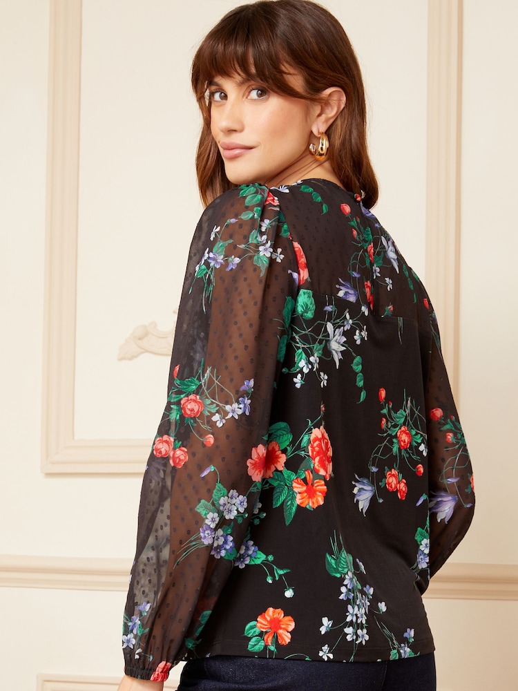 Love & Roses Black Floral Long Sleeve Dobby Mix Jersey Blouse - Image 2 of 3 Love & Roses Black Floral Long Sleeve Dobby Mix Jersey Blouse - Image 2 of 3