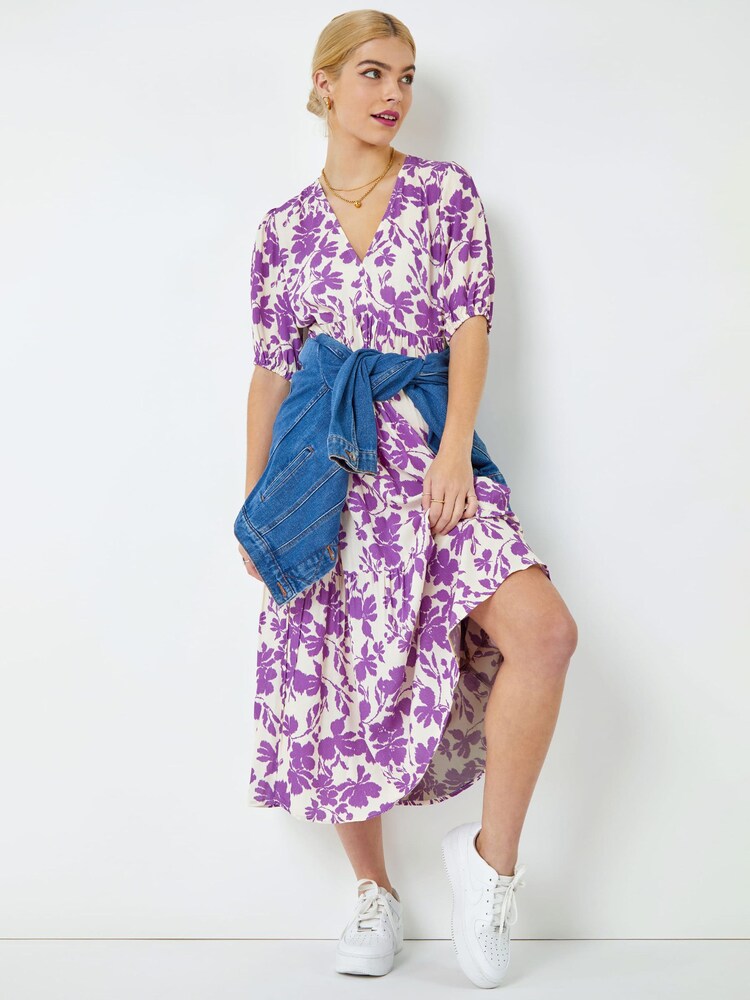 Dusk Purple & White Floral Tiered Midi Smock Dress - Image 1 of 5