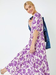 Dusk Purple & White Floral Tiered Midi Smock Dress - Image 2 of 5