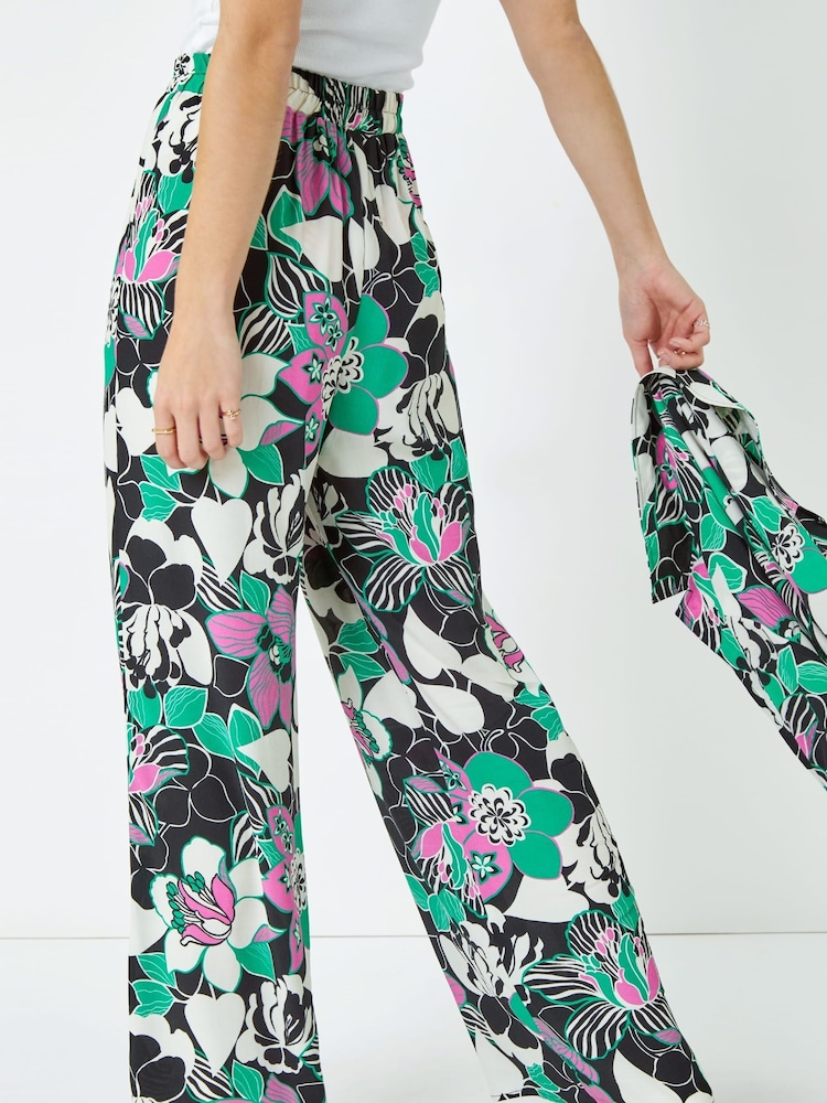 Dusk Black Green & Pink Floral Wide Leg Trousers - Image 2 of 5