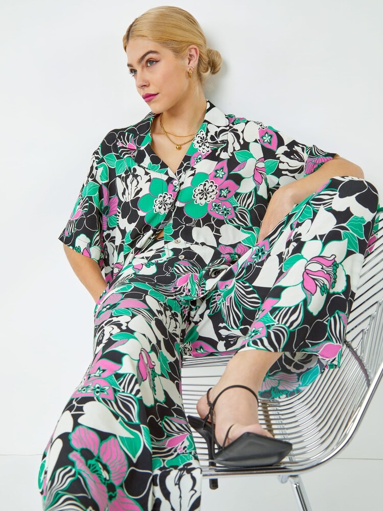 Dusk Black Green & Pink Floral Wide Leg Trousers - Image 5 of 5