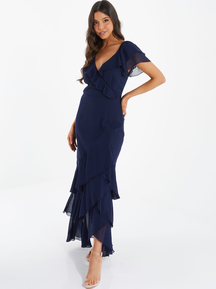 Quiz Navy Blue Chiffon Frill Maxi Dress - Image 1 of 5 Quiz Navy Blue Chiffon Frill Maxi Dress - Image 1 of 5