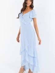 Quiz Light Blue Chiffon Frill Maxi Dress - Image 3 of 5